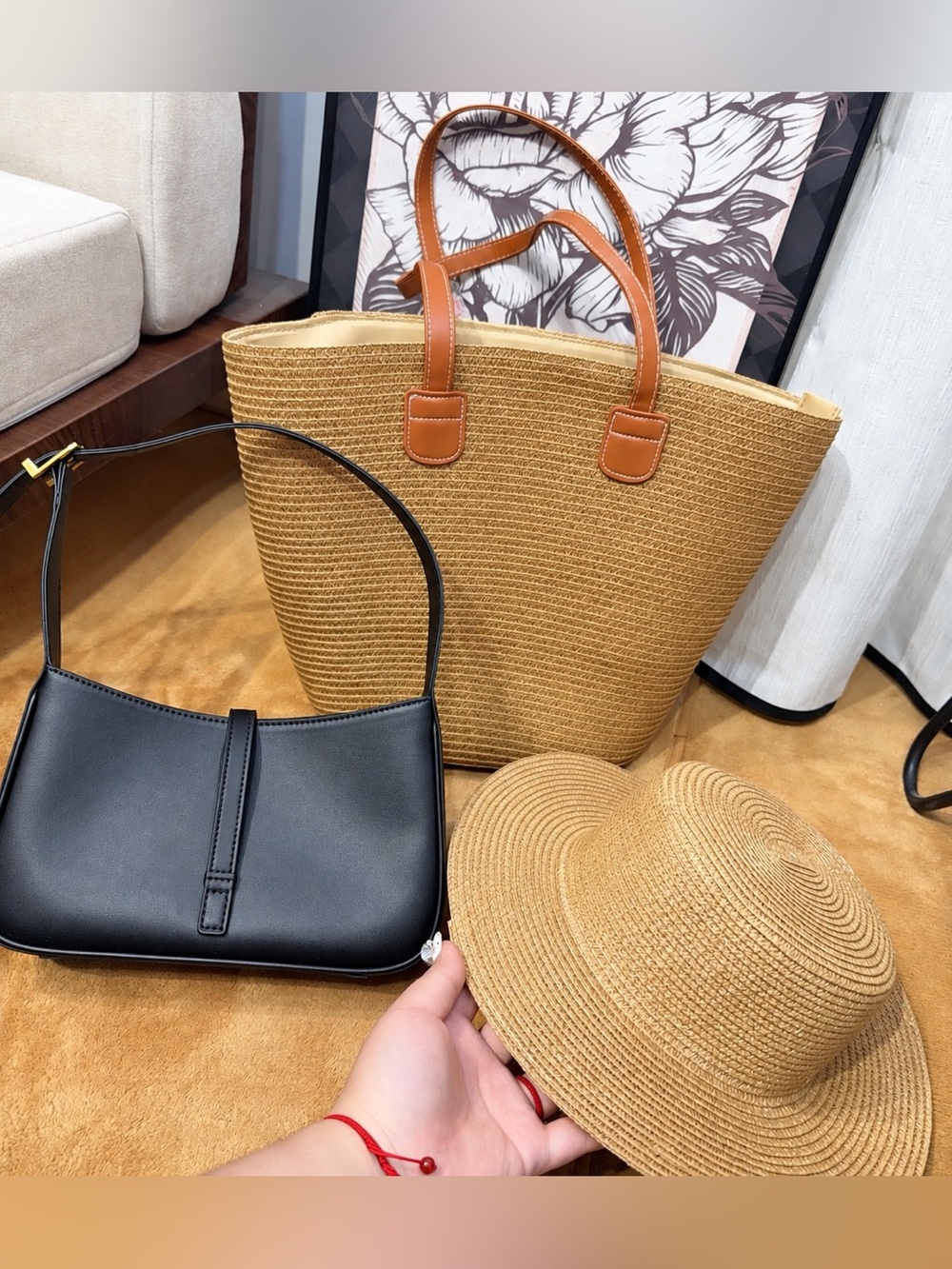 Straw Tote Bag with Tan Leather Handles - Women Bags